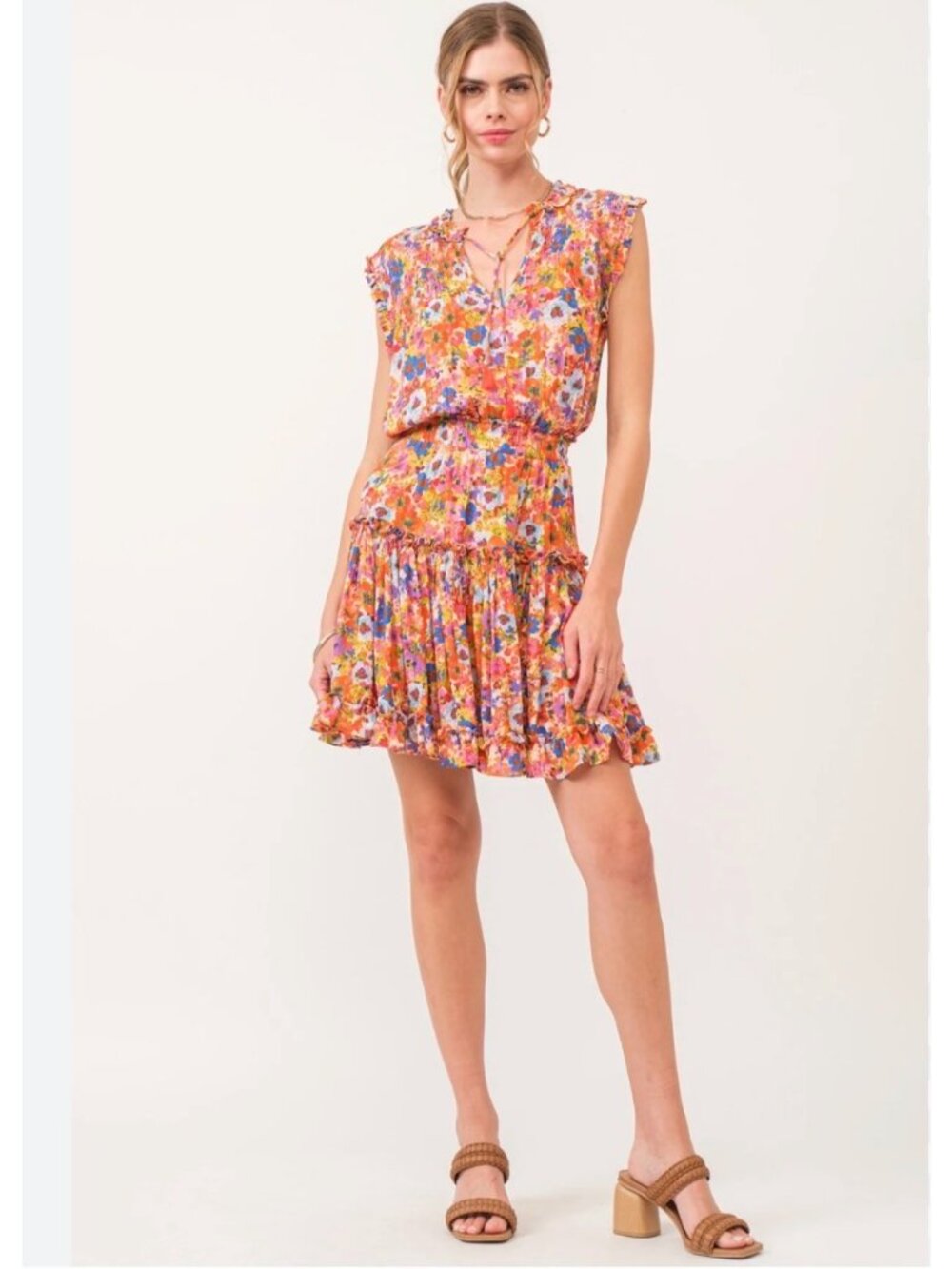 Dear John Summer Garden Melodie Boho Womens Floral Smocked Tiered Ruffle Dress M